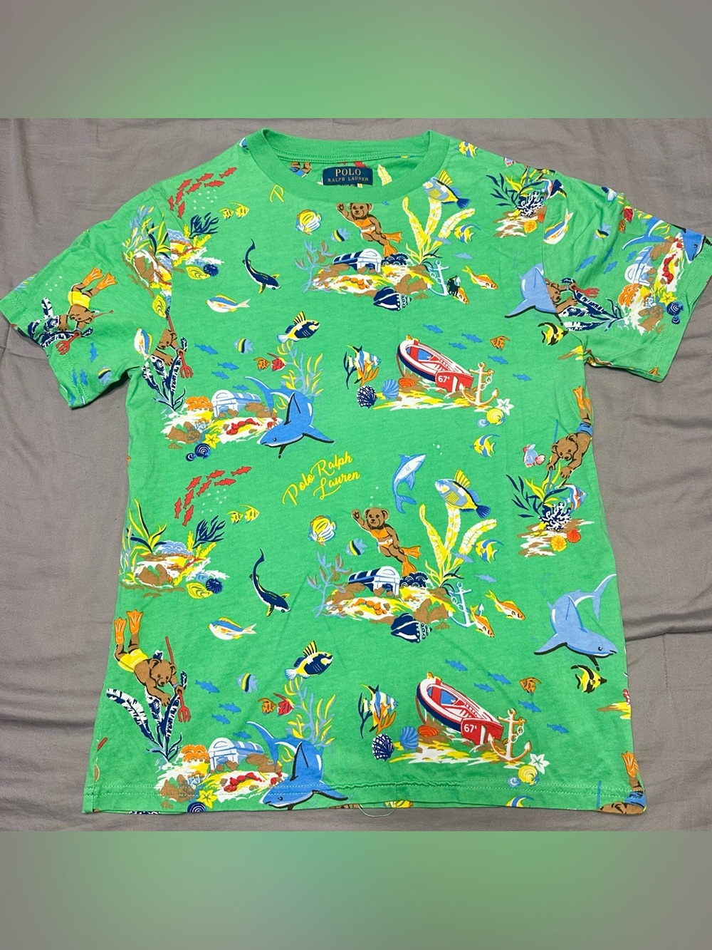 Boys Polo by Ralph Lauren Bright Green Tropical Ocean Print Tee Size L 14-16